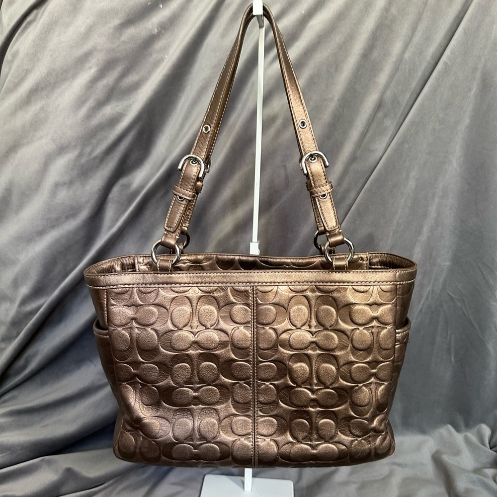 Coach Metallic Large Tote with Dust Bag • Embossed Monogram Coach • Gold Bronze - Picture 7 of 16